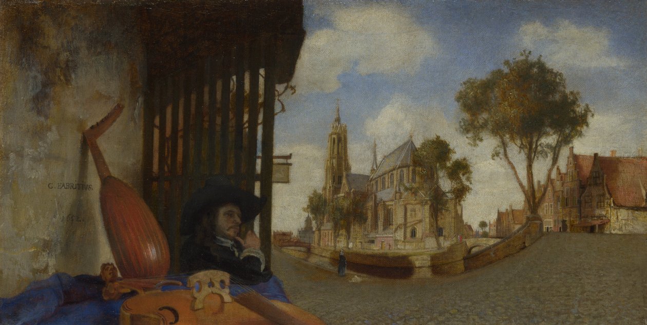 Ansicht von Delft mit einem Musikinstrumentenstand, 1652 von Carel Fabritius