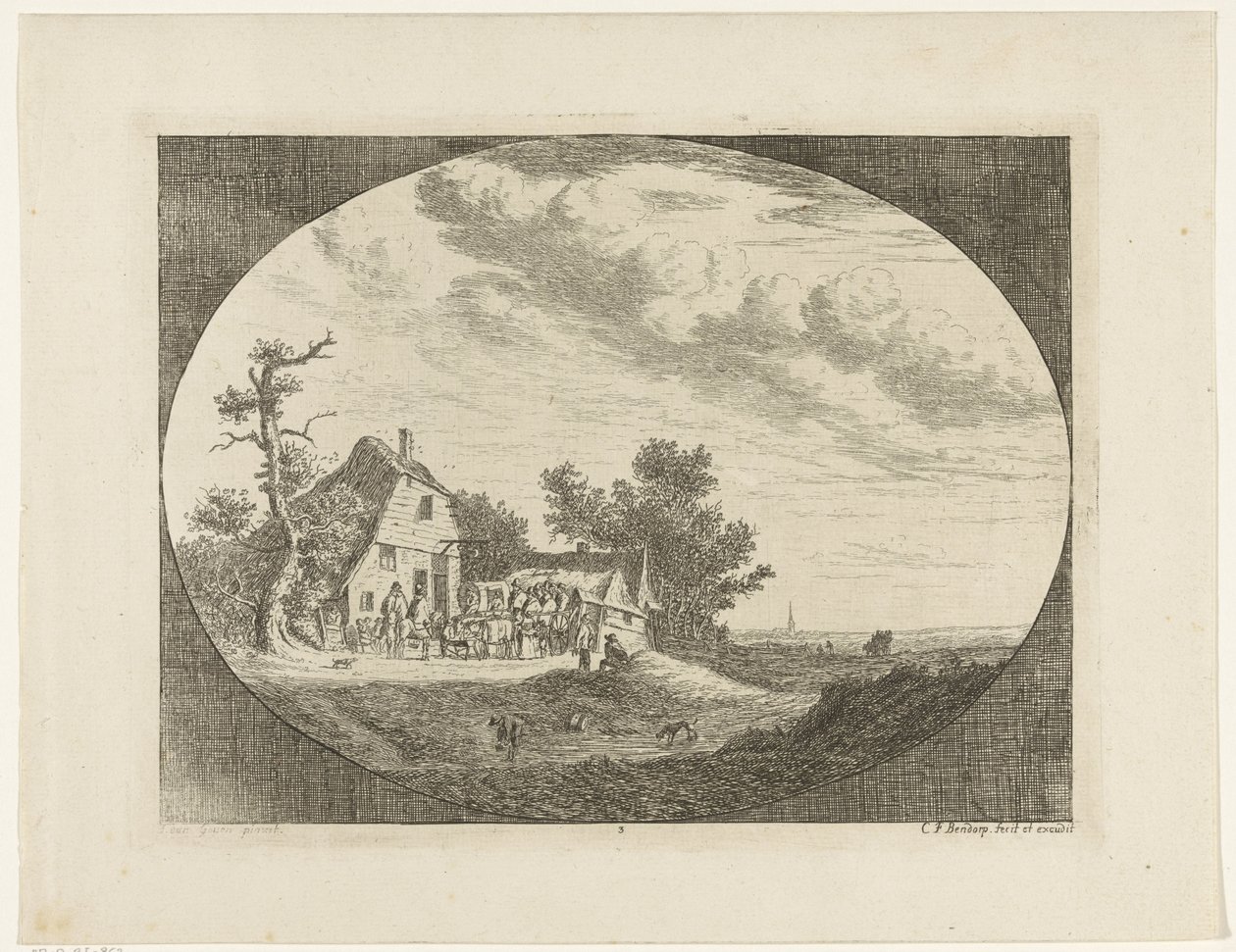 Landschaft mit Herberge und ruhenden Pferden und Wagen und Reitern von Carel Frederik Bendorp (I)