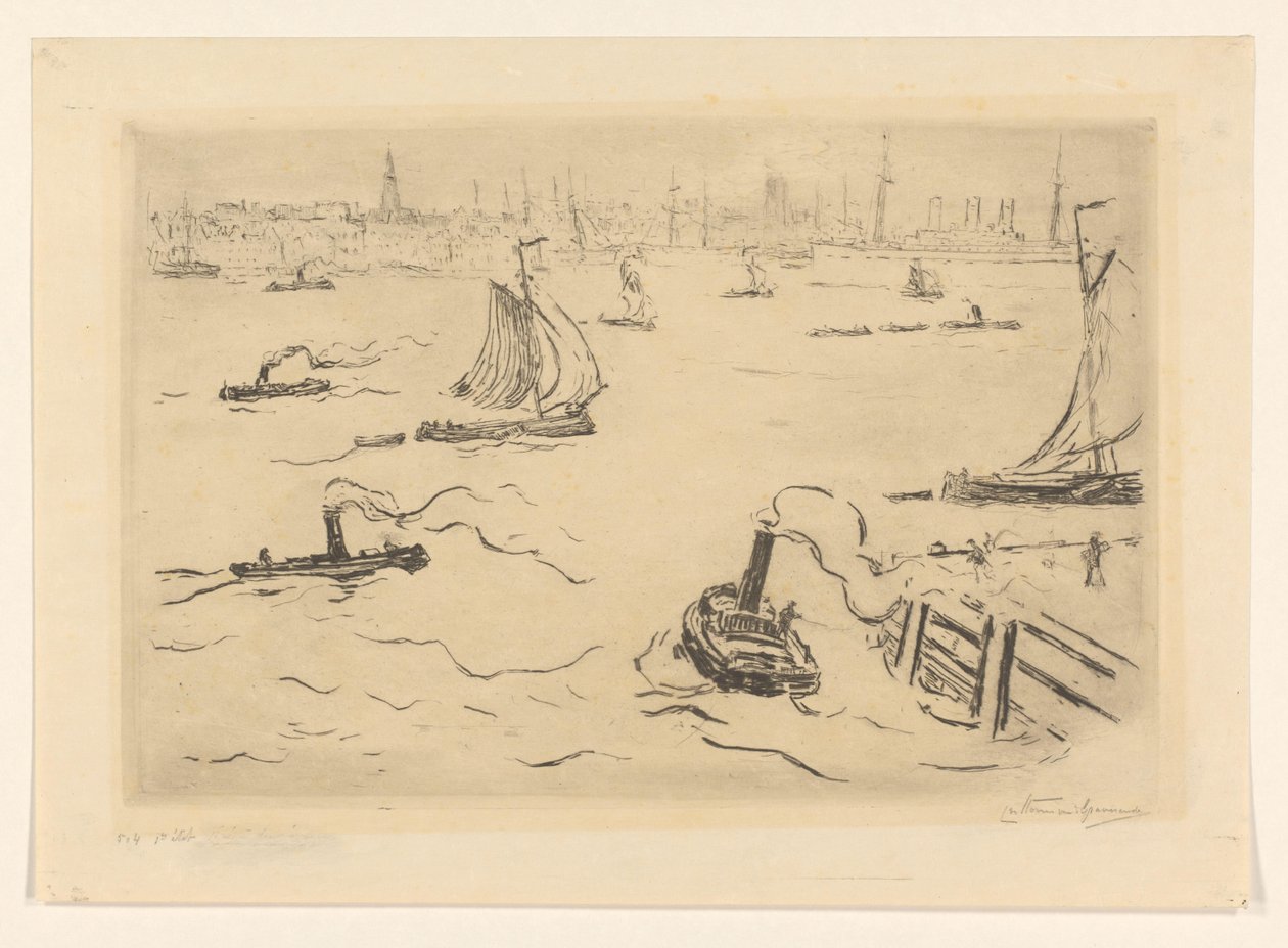 Fluss mit Schiffen bei einer Stadt von Carel Nicolaas Storm van 