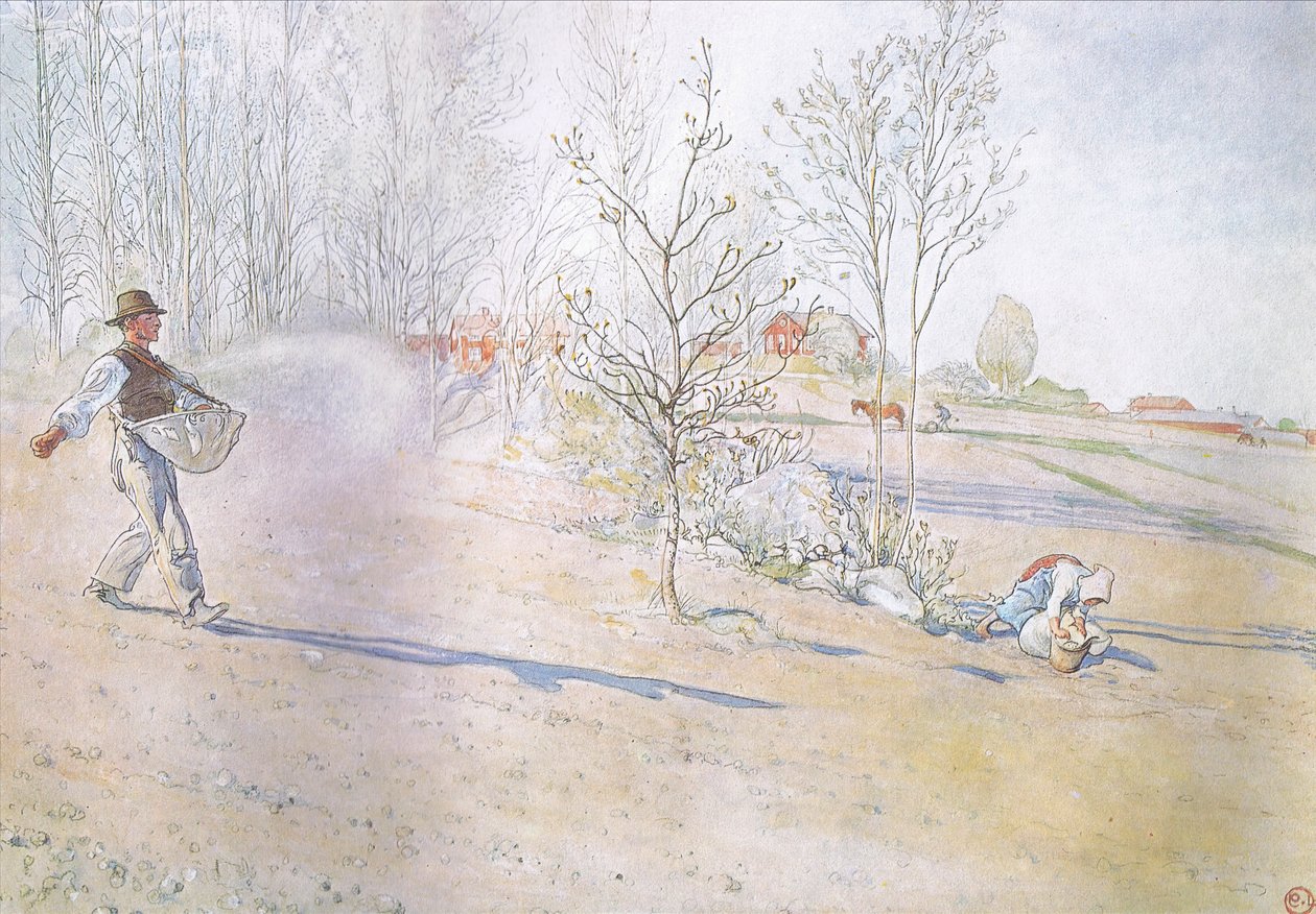 Johan trug den Hafer in einem großen offenen Sack, der mit Riemen befestigt war von Carl Larsson