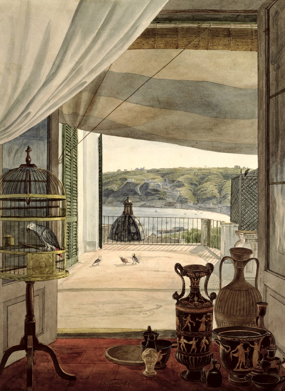 Blick aus einem Zimmer mit Balkon über den Golf von Neapel, 1826 von Carl Wilhelm Goetzloff