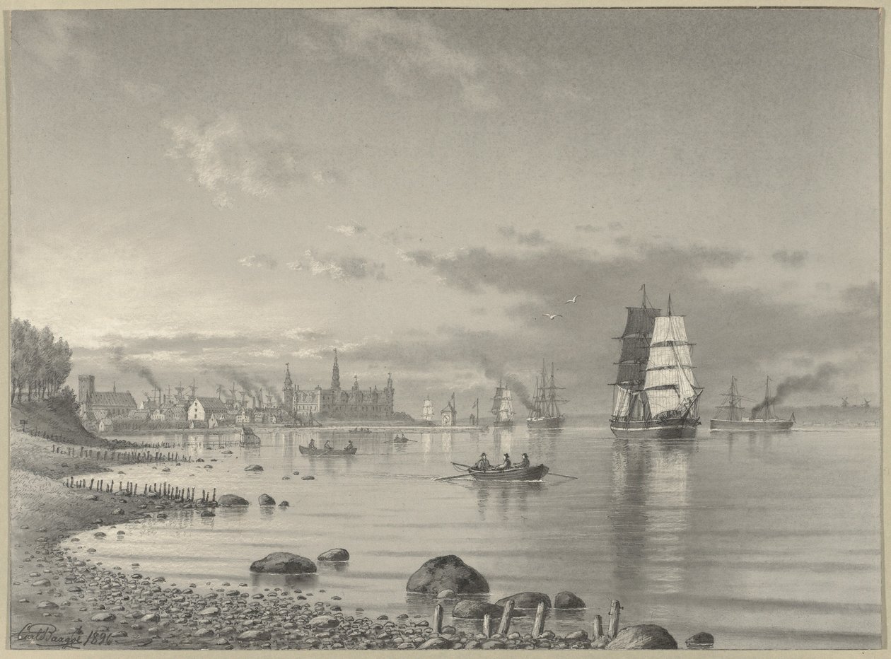 Schiffe auf dem Öresund mit Helsingör und Schloss Kronborg in der Ferne von Carl Emil Baagoe