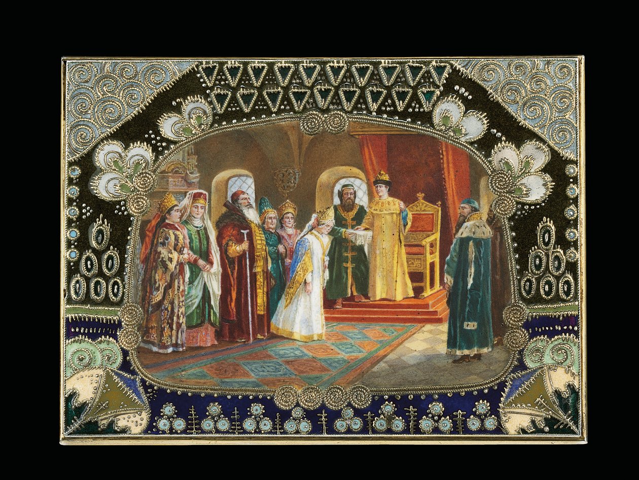 Detail des bemalten Kartusche von einer Tischbox, Darstellung von Zar Alexei Michailowitsch bei der Brautwahl, ca. 1908-1917 von Carl Fabergé
