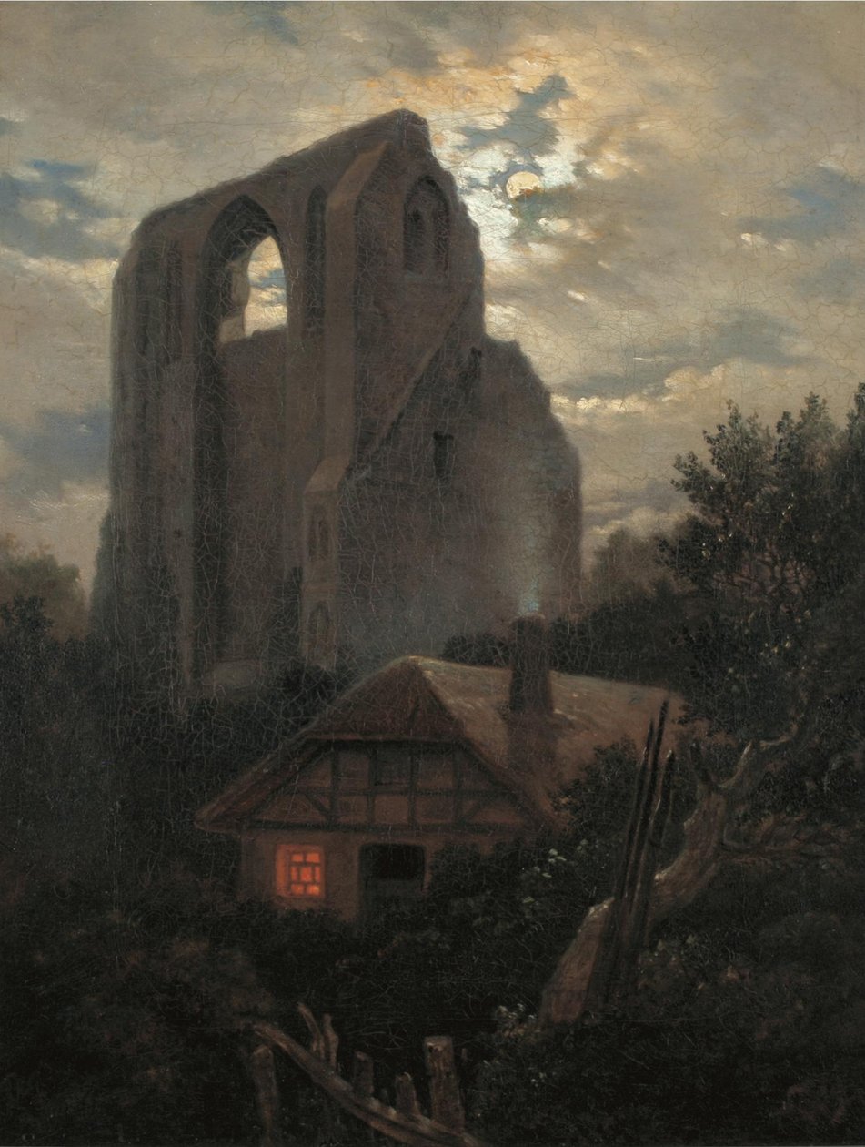 Ruinen des Eldena-Klosters mit Hütte bei Greifswald im Mondlicht, 1820 von Carl Gustav Carus