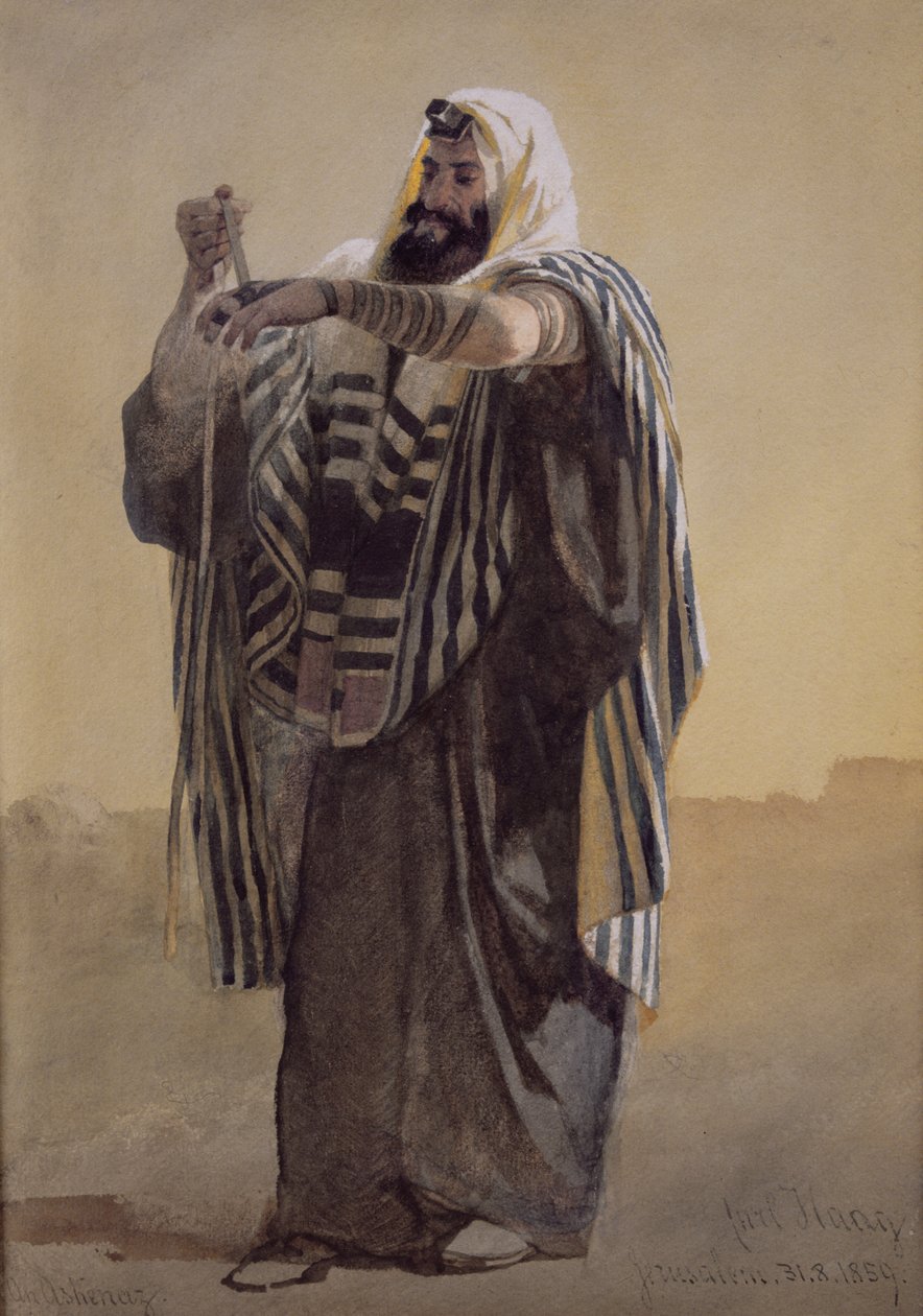 Ein Jerusalemer Hirte wickelt die Tefillin für die Hand, 1895 von Carl Haag
