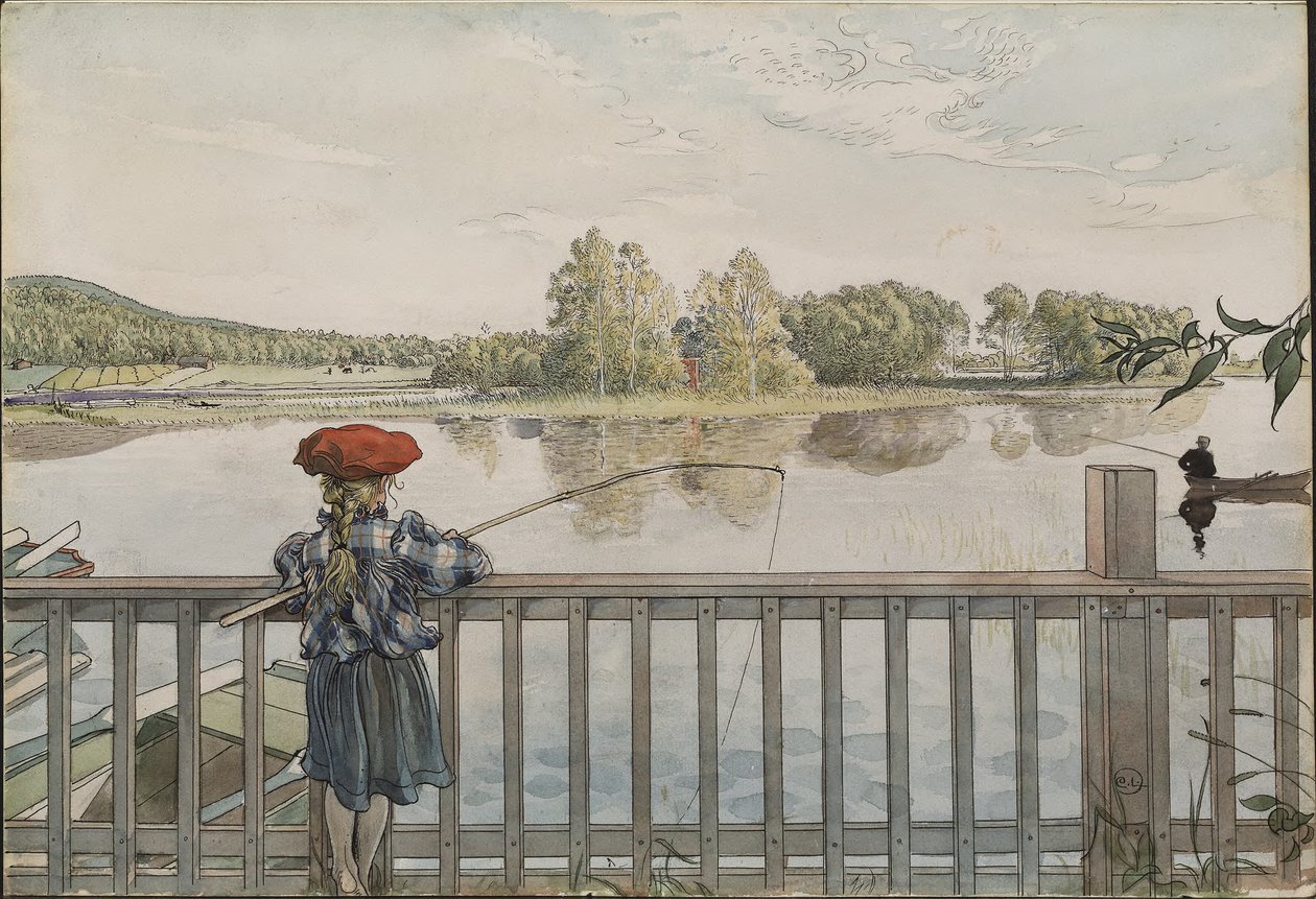 Lisbeth beim Angeln. Aus Ein Zuhause (26 Aquarelle) von Carl Larsson