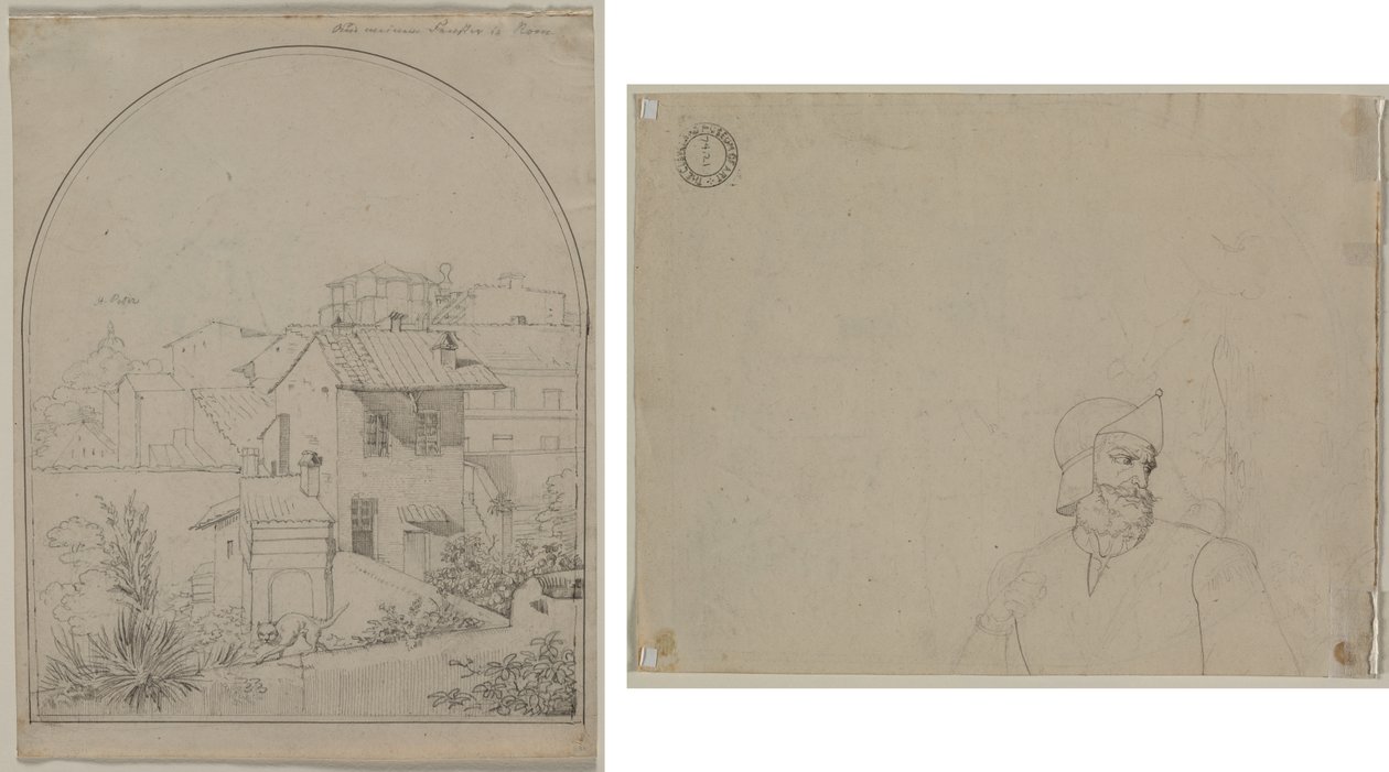 Blick aus meinem Fenster in Rom (recto) Soldat in einer Landschaft (verso) von Carl Ludwig Tischbein