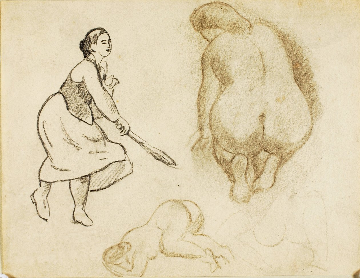 Frau mit Tennisschläger und zwei Figurenstudien von Carl Newman