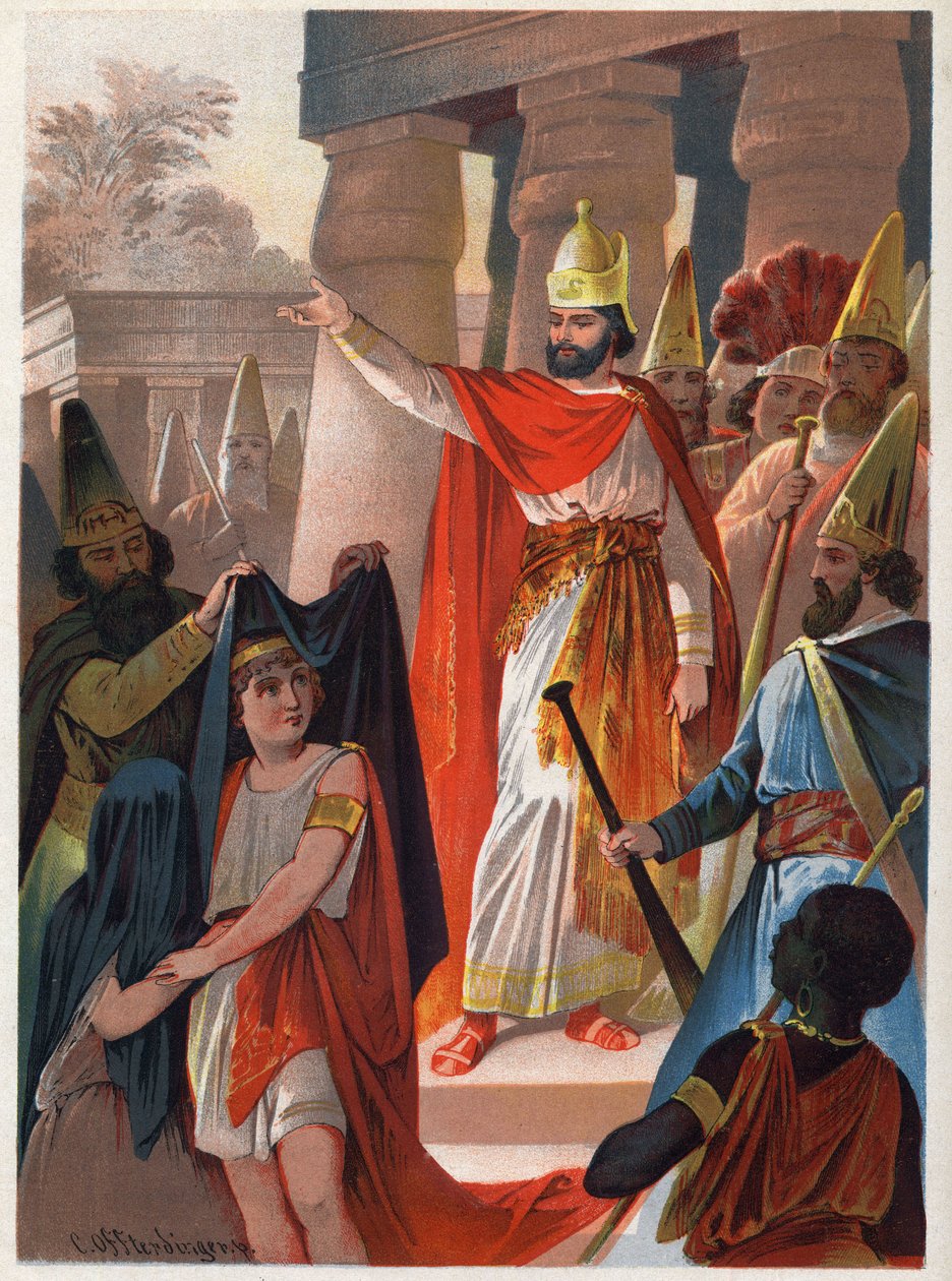 Auf ein Zeichen von Sarastro breitet ein Priester große schwarze Segel über Prinz Tamino und Prinzessin Pamina aus. Illustration von Carl Offterdinger in „Die Zauberflöte“. Private Sammlung. von Carl Offterdinger