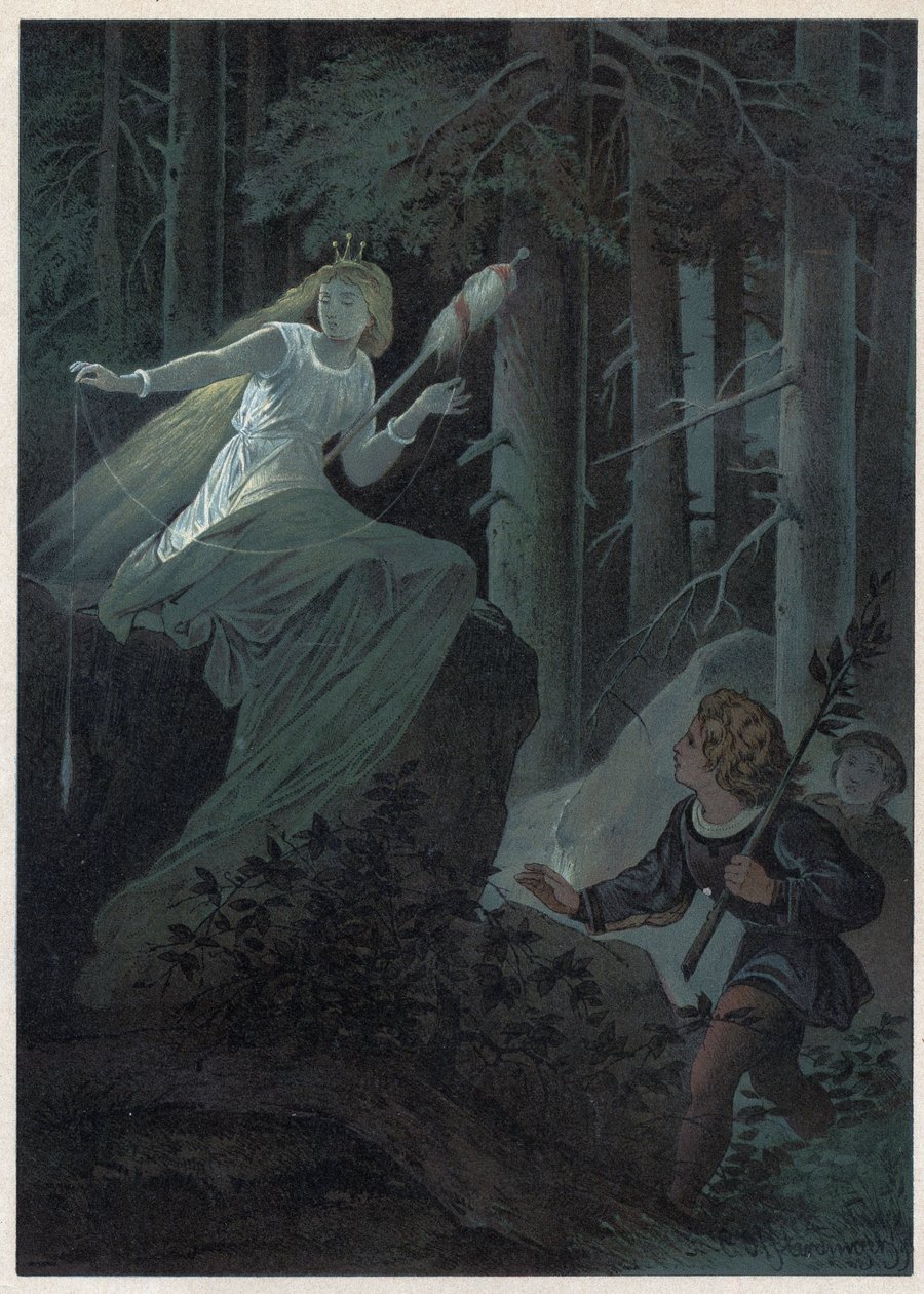 Die Fee, die mit einer goldenen Spindel weglief, sang das Schicksal eines goldenen Knopfes. Illustration von Carl Offterdinger in „Bouton d