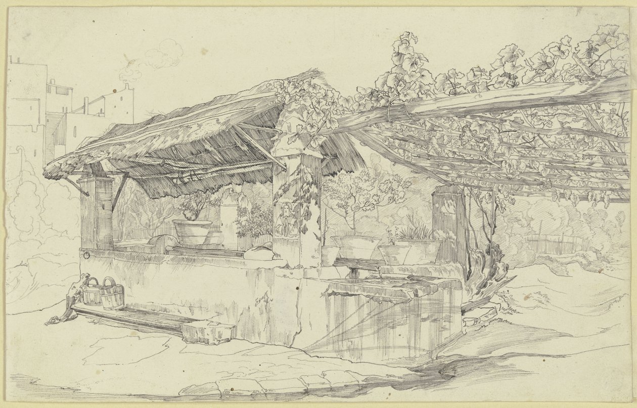 Strohgedecktes Brunnenhaus und Waschtrog neben einer Weinlaube von Carl Philipp Fohr