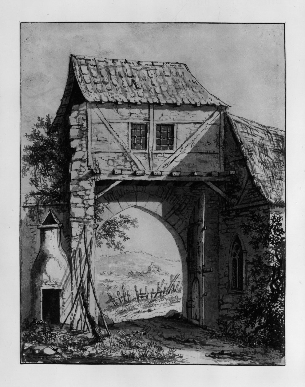 Torbau mit Blick auf eine Landschaft mit Ruine von Carl Philipp Fohr