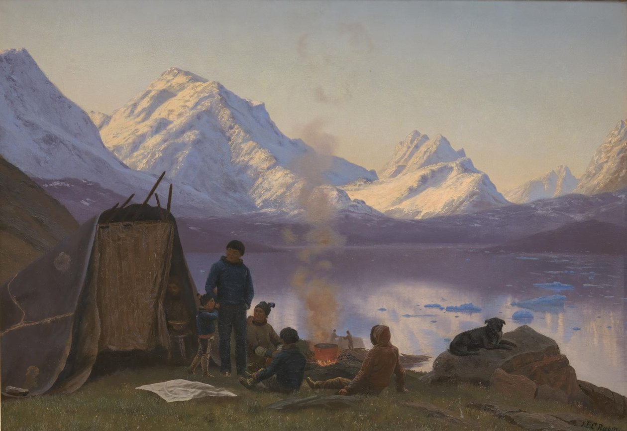 Eine grönländische Siedlung an einem Fjord. Sommer von Carl Rasmussen