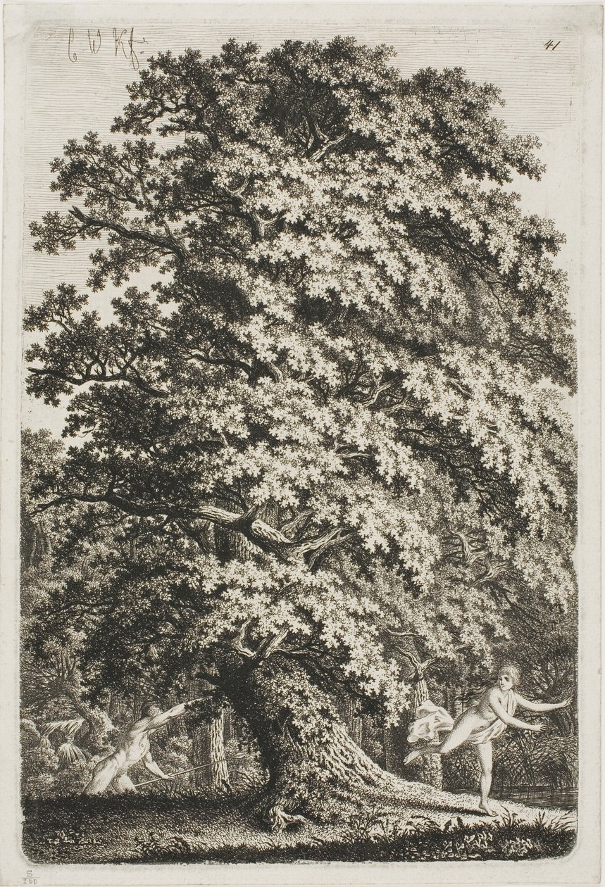 Frau flieht vor einem Mann mit Lanze im Wald von Carl Wilhelm Kolbe the elder