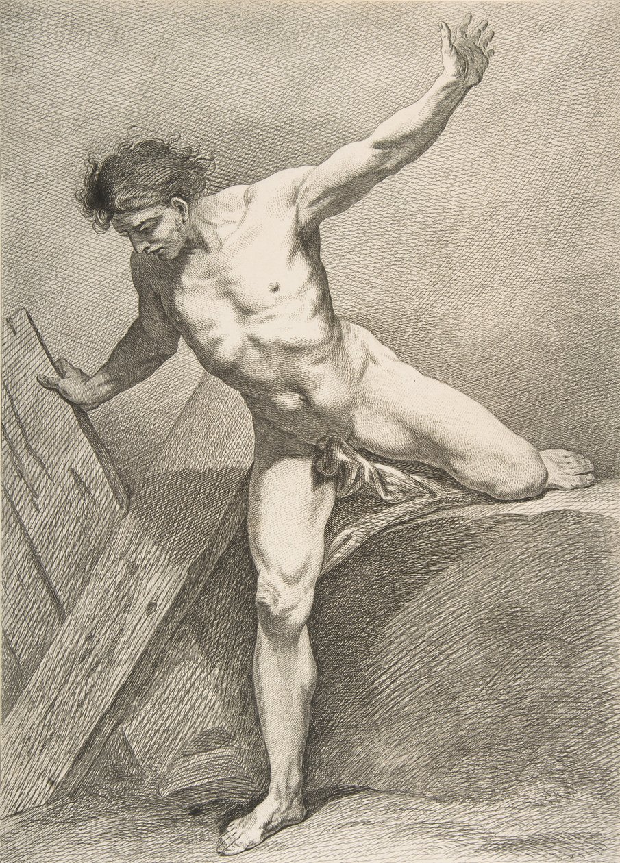 Ein Académie: Schreiten Mann, der sich auf ein Brett stützt, 1742-43 von Carle van Loo
