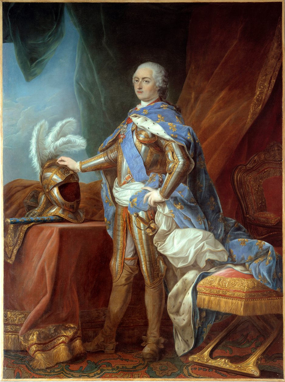 Ganzkörperporträt von Ludwig XV. in Rüstung, Hand auf einem Helm von Carle van Loo