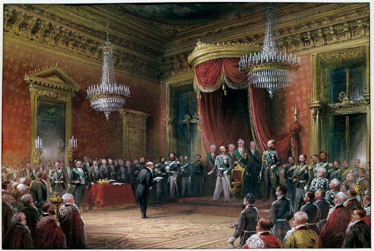 Risorgimento - Carlo Farini (1812-1866) überreicht Viktor Emanuel II. (Vittorio Emanuele) (1820-1878) den Pakt der Annexion von Emilia Romagna im Jahr 1860 von Carlo Bossoli