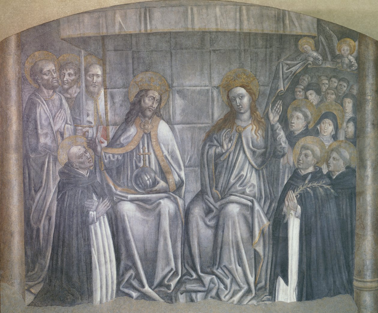 Christus übergibt die Welt dem heiligen Dominikus in Anwesenheit der Jungfrau Maria, Fresko von Carlo Braccesco von Carlo Braccesco