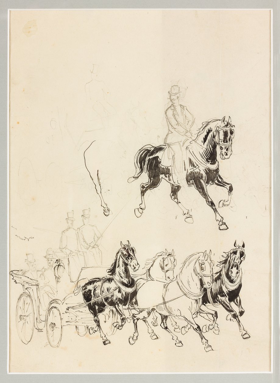 Vorbereitende Studie für Kutsche und Pferde (Tusche und Bleistiftzeichnung auf Papier) von Carlo Casaltoli