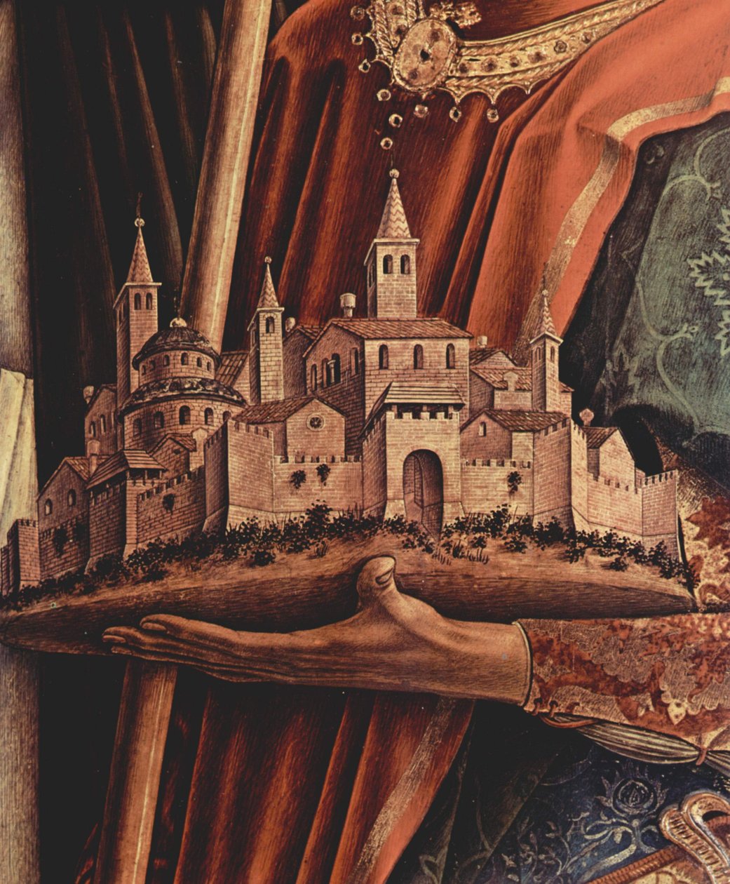 Altartriptychon, rechte Tafel: Hl. Petrus Märtyrer und Hl. Venetianus von Camerino, Detail: Stadtmodell Camerino