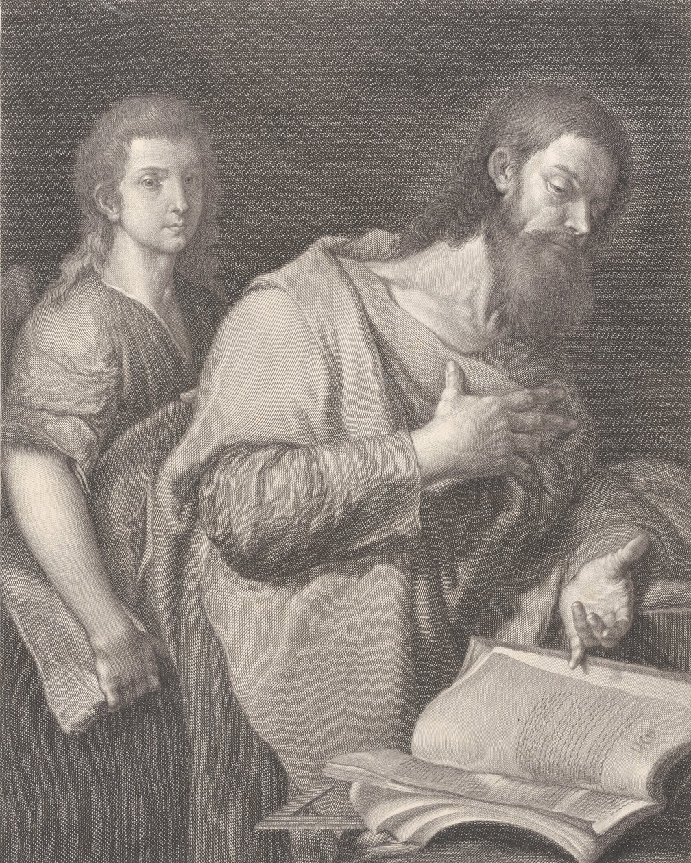 Heiliger Matthäus, steht vor einem Buch rechts mit einer Hand auf seiner Brust, ein anderer Mann..., 1750-84 von Carlo Faucci