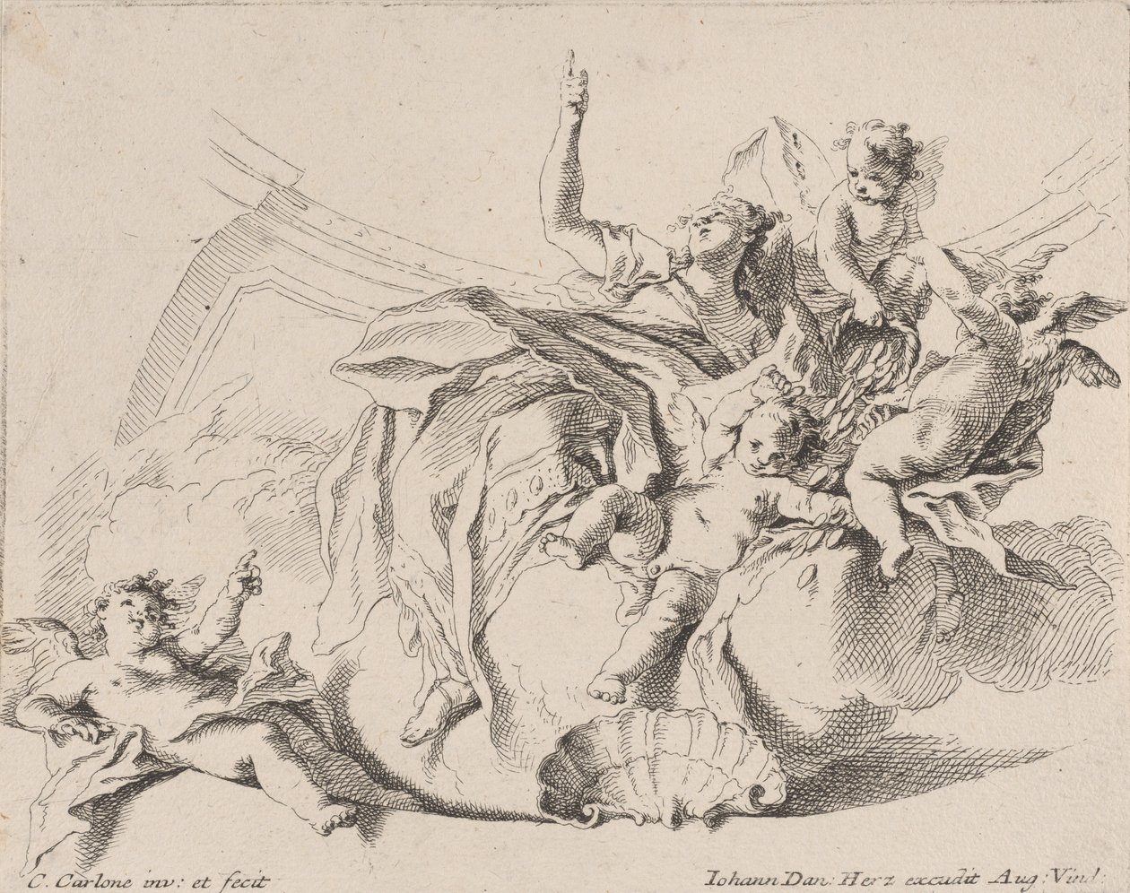 Reichtum, dargestellt durch eine Frau, die auf Wolken sitzt und von Putti umgeben ist, von denen einer..., 1725-75 von Carlo Innocenzo Carloni