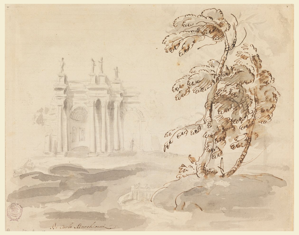 Zeichnung, Baum in Landschaft mit Gebäude, 1756–78 von Carlo Marchionni