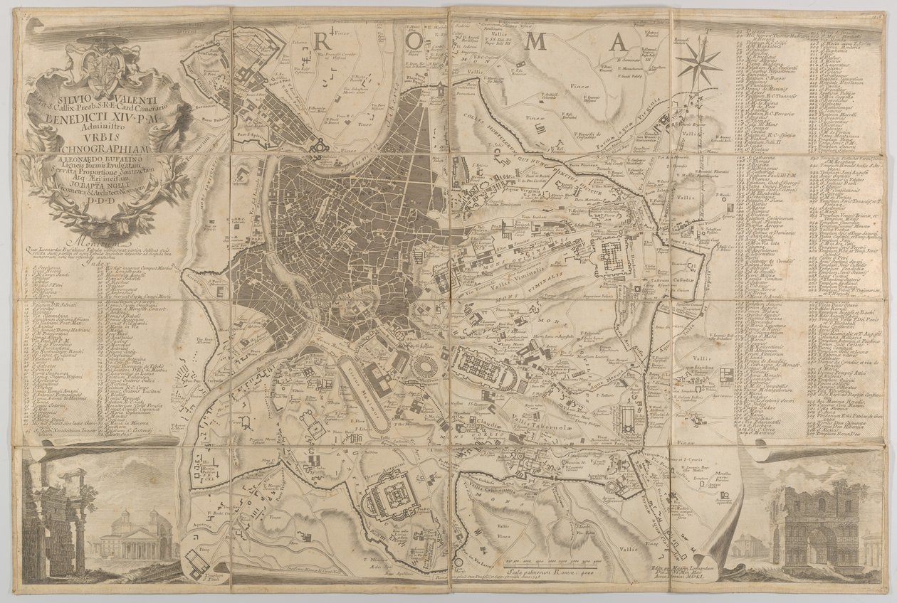 Plan des antiken Rom mit einer Ansicht des Pantheon unten links und einem Triumphbogen unten rechts, 1748 von Carlo Nolli