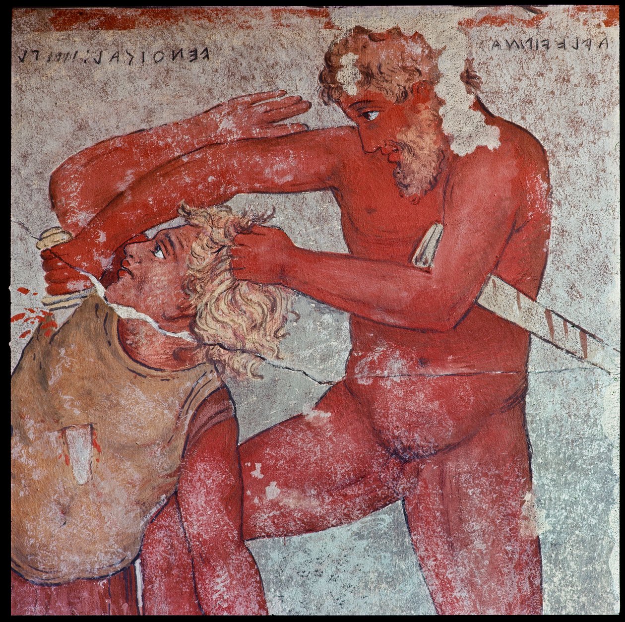 Etruskische Zivilisation: „Darstellung des Opfers von trojanischen Gefangenen zu Ehren von Patroklos“ Reproduktion von Carlo Ruspi der Fresken des 4. Jahrhunderts v. Chr. aus dem François-Grab von Vulci. Florenz, Archäologisches Museum von Carlo Ruspi