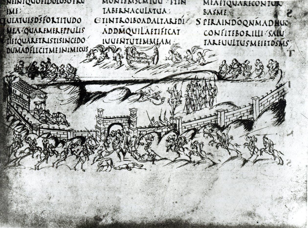 Illustration verschiedener Szenen aus Psalm 43, einschließlich des Verses Erwache, warum schläfst du, o Herr?, aus dem Utrechter Psalter, Kopie des Originals aus Reims, jetzt in der Universitätsbibliothek Utrecht von Carolingian School
