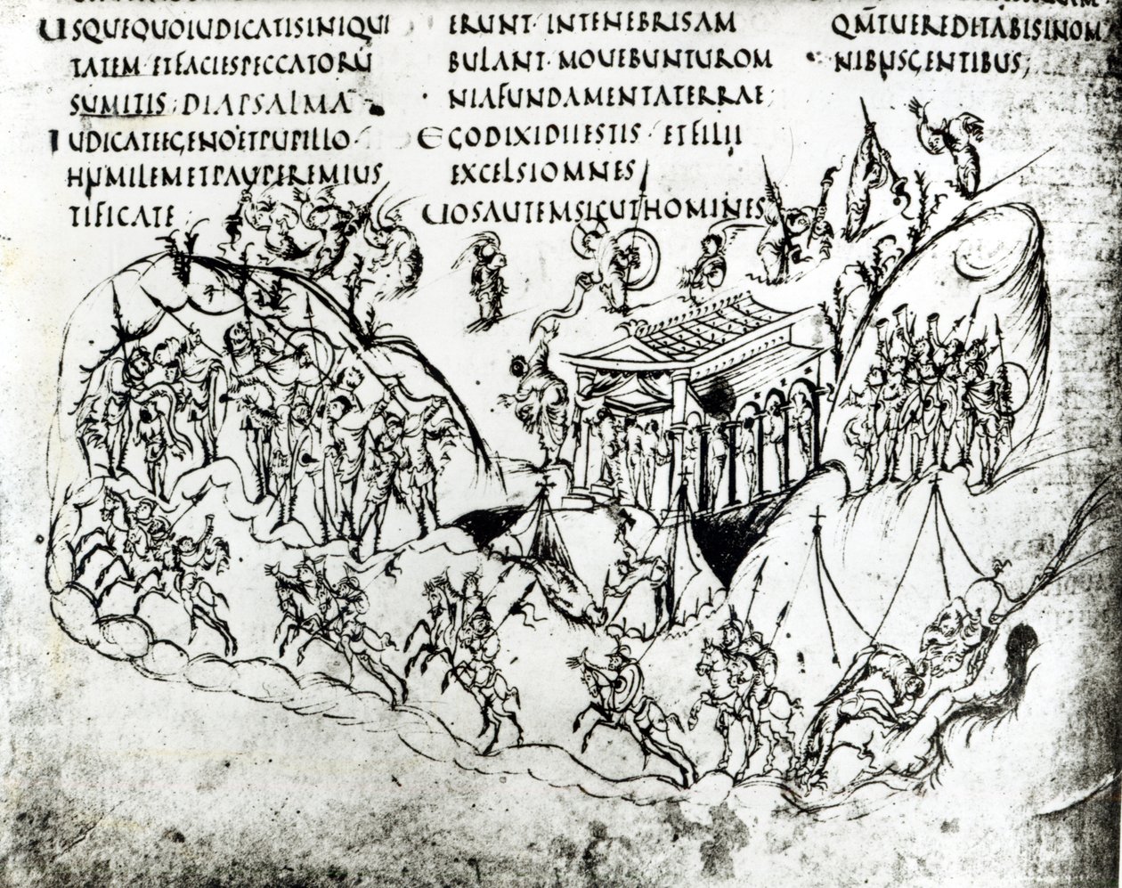 Verschiedene Szenen, die einen Psalm illustrieren, aus dem Utrechter Psalter von Carolingian School