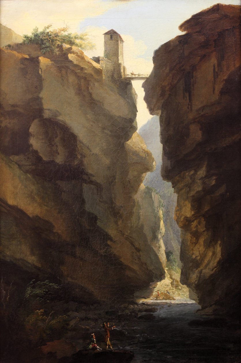 Brücke und Schluchten des Dala-Flusses in Leukerbad, Blick ins Tal von Caspar Wolf