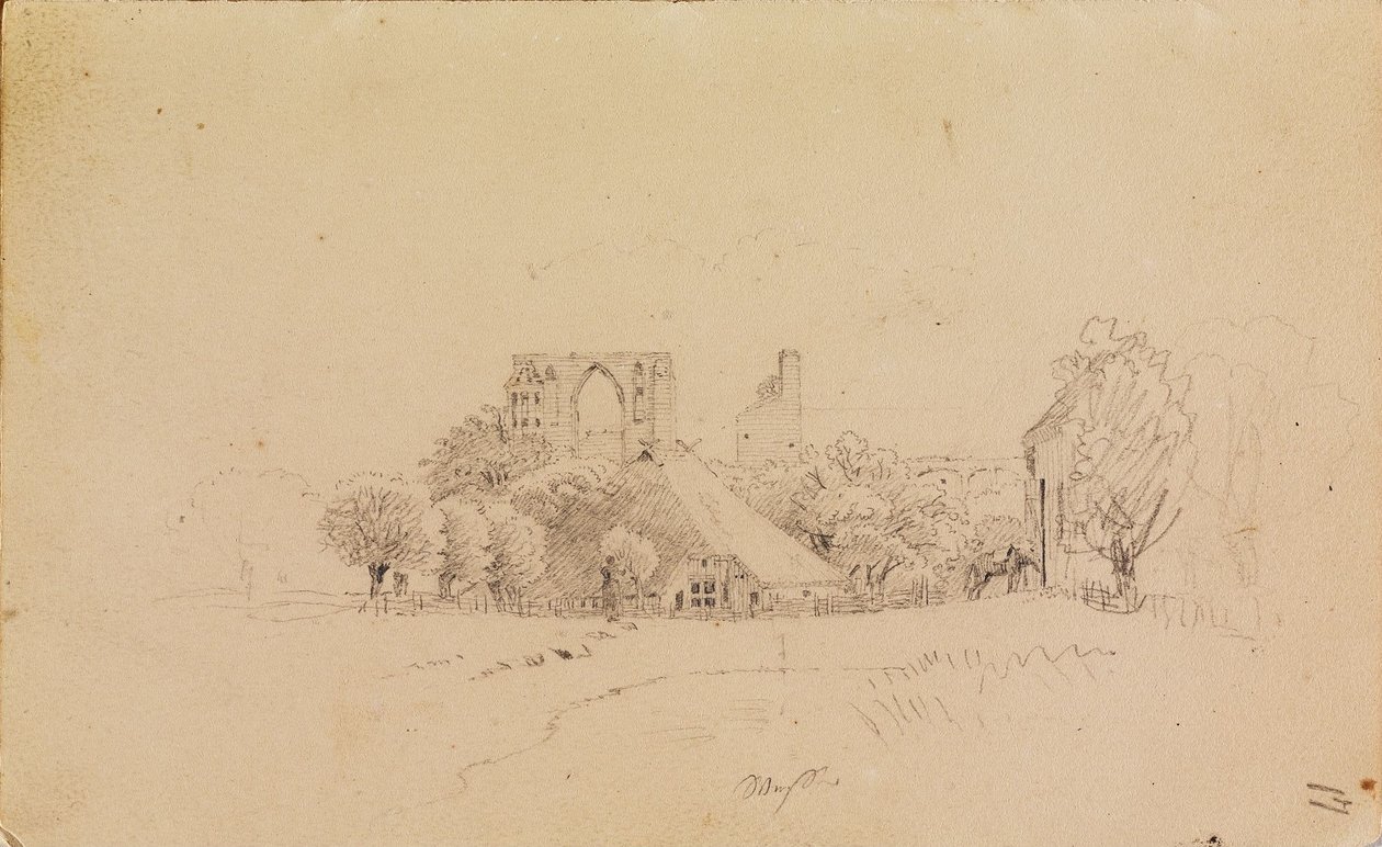 Klosterruinen Eldena, samt Haus mit Strohdach und einem kleinen Teich von Caspar David Friedrich