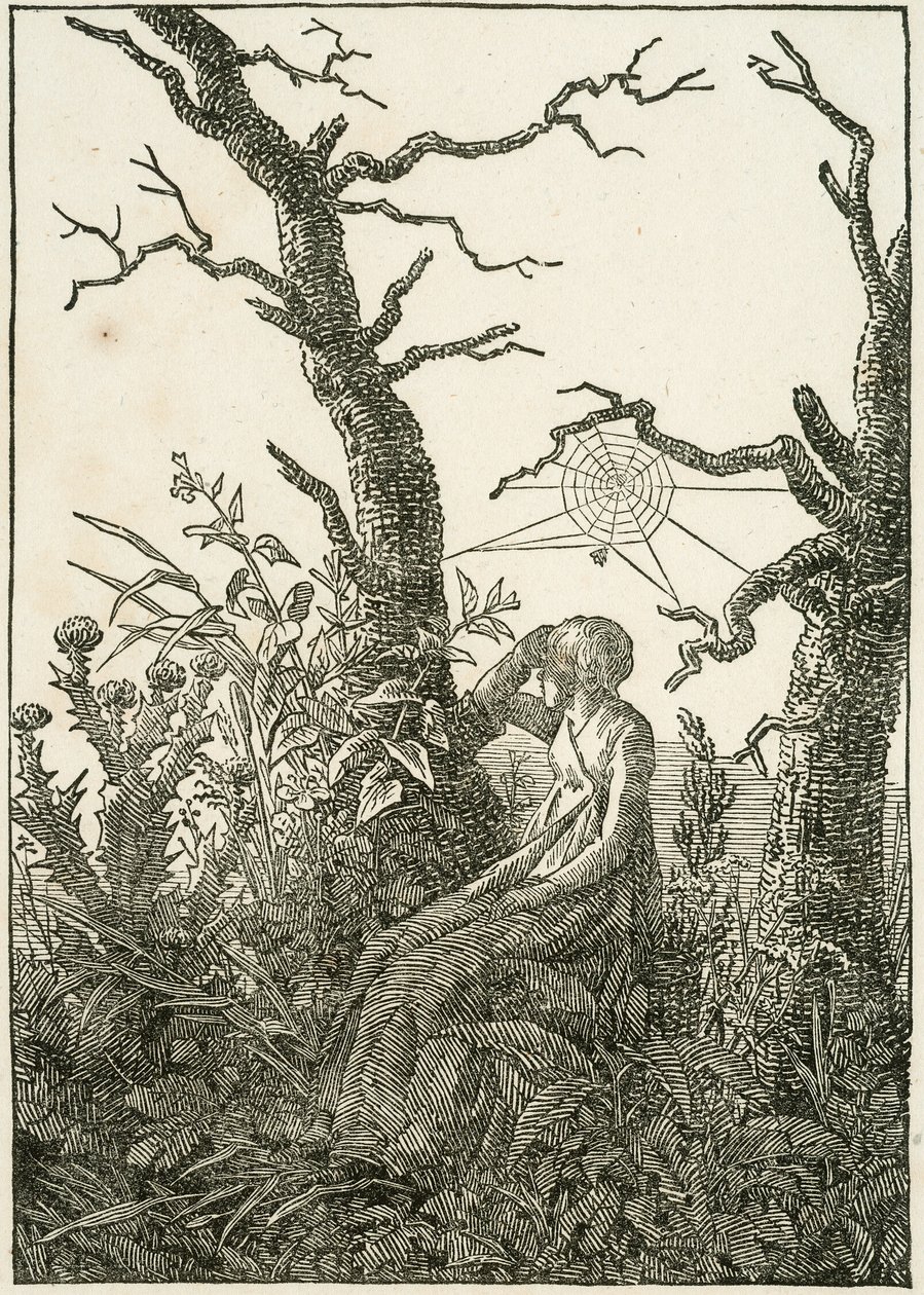 Frau mit Spinnennetz zwischen kahlen Bäumen von Caspar David Friedrich