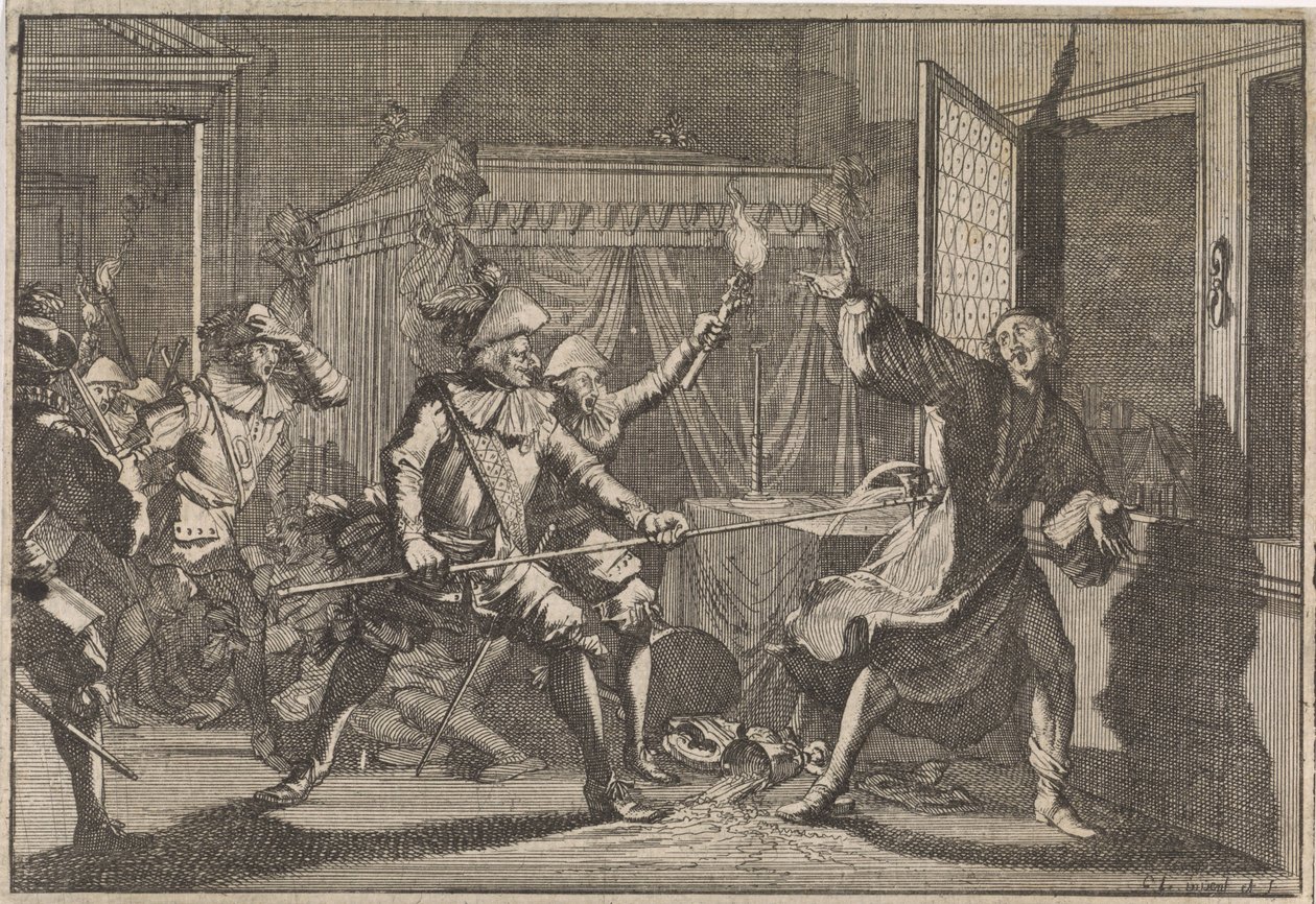Albrecht von Wallenstein, Herzog von Friedland, wird von seinen eigenen Soldaten ermordet, 1634 von Caspar Luyken (attributed to)