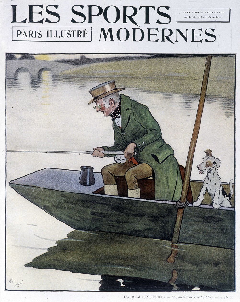 Angeln - Zeichnung von C. Aldin in „Moderne Sportarten“ von Cecil Charles Windsor Aldin