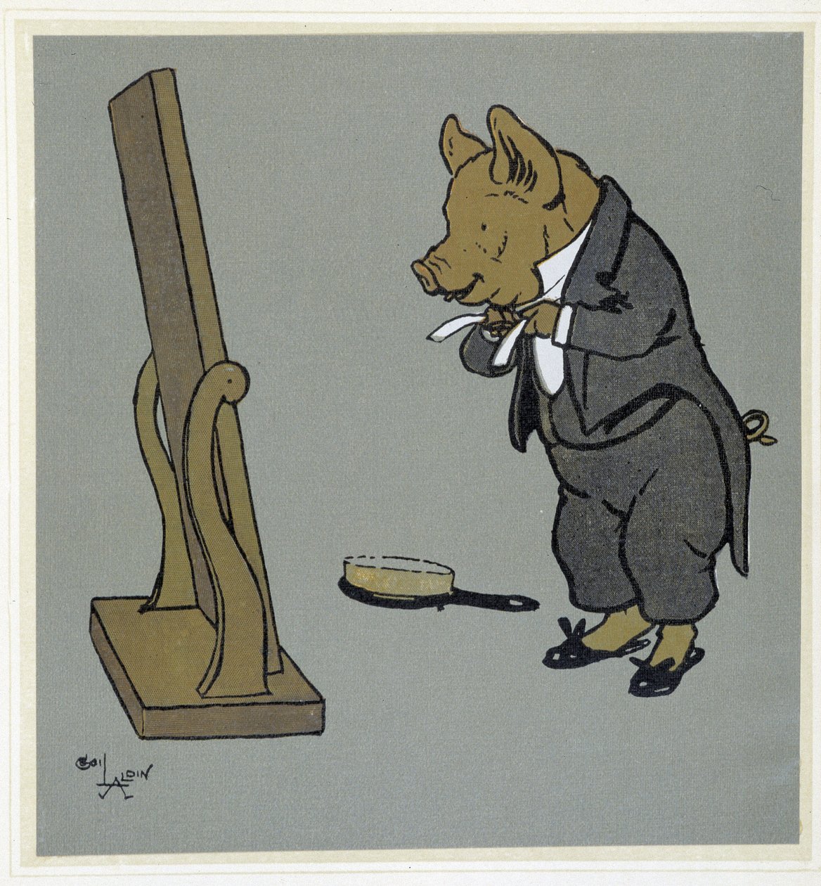 Schwein pflegt sich, bindet seine Krawatte vor einem Spiegel - in Merry Party, ill. von Cécil Aldin, ed. Hodder & Stoughton, London von Cecil Charles Windsor Aldin