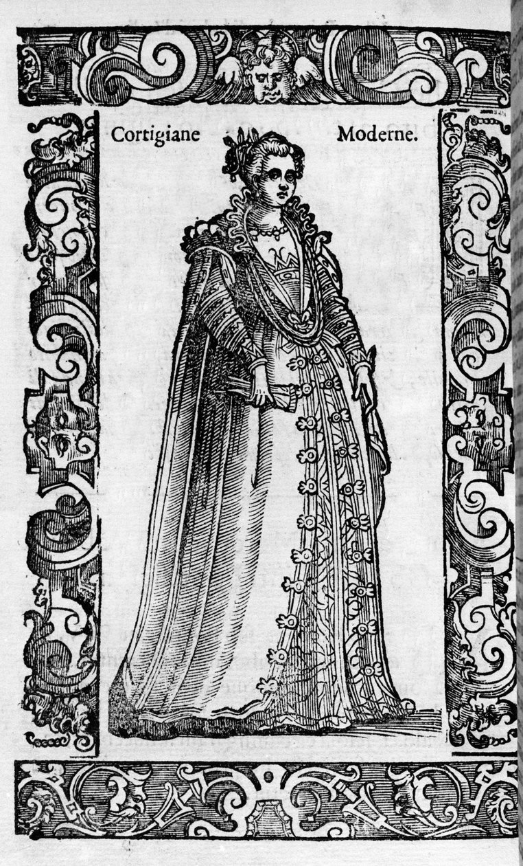 Renaissance: eine römische Kurtisane im 16. Jahrhundert. Gravur aus „Moderne und antike Kostüme“ von Cesare Vecellio von Cesare (attr. to) Vecellio