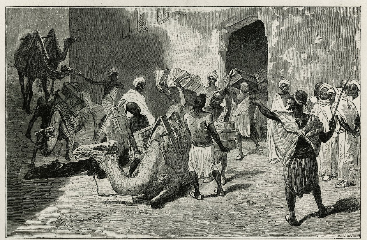 Das Beladen der Kamele aus der Karawane des Autors der Geschichte, Atanger, Gravur von Biseo, zur Illustration der Geschichte „Le Maroc“ von Edmondo de Amicis, 1875, veröffentlicht in „Le tour du monde“, unter der Leitung von Edouard Charton von Cesare Biseo
