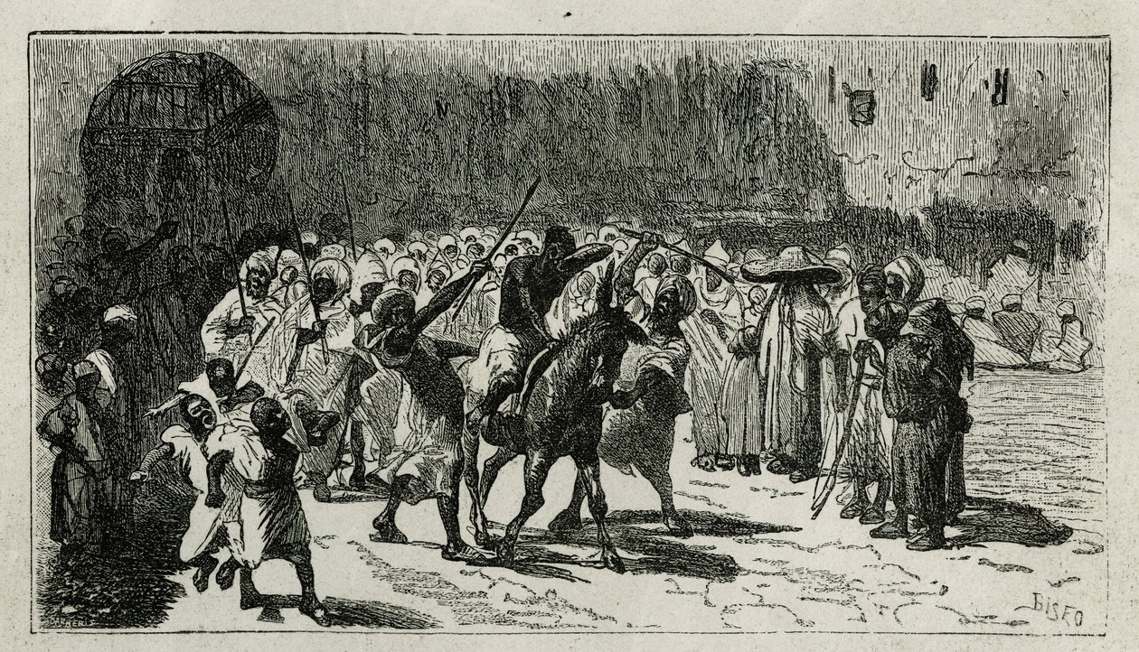Die Bestrafung eines Diebes, er steigt auf ein Maultier, er erhält Schläge unter dem Gejohle der Menge, Gravur von C. Biseo, zur Illustration der Geschichte „Le Maroc“ von Edmondo de Amicis, 1875, veröffentlicht in „Le tour du monde“, unter der Leitung von von Cesare Biseo