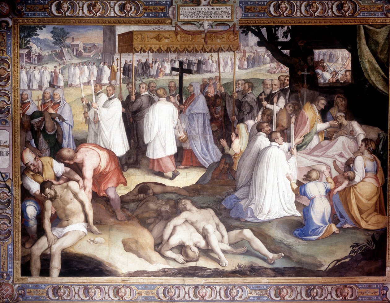 Pest von Mailand: Der heilige Karl Borromäus (1538-1584) kommuniziert die Sterbenden. Fresko von Carlo Nebbia im Borromäus-Kolleg in Pavia. 16. Jahrhundert. von Cesare Nebbia