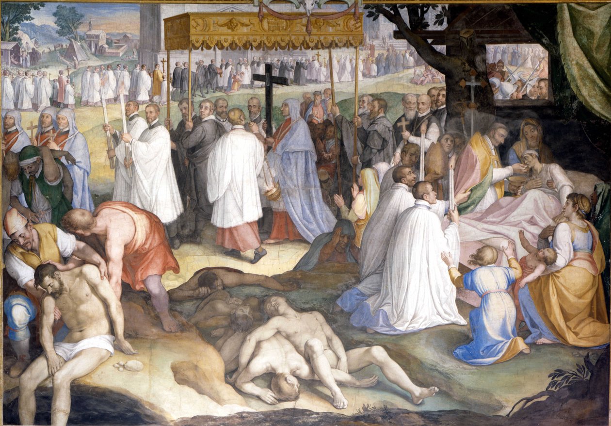 Der heilige Karl Borromäus (San Carlo Borromeo) spendet den sterbenden Pestkranken während der Pest von 1575 bis 1577 im Lazarett von Mailand die Kommunion. Fresko von Charles Nebbia im Borromeo College in Pavia (Mailand) von Cesare Nebbia