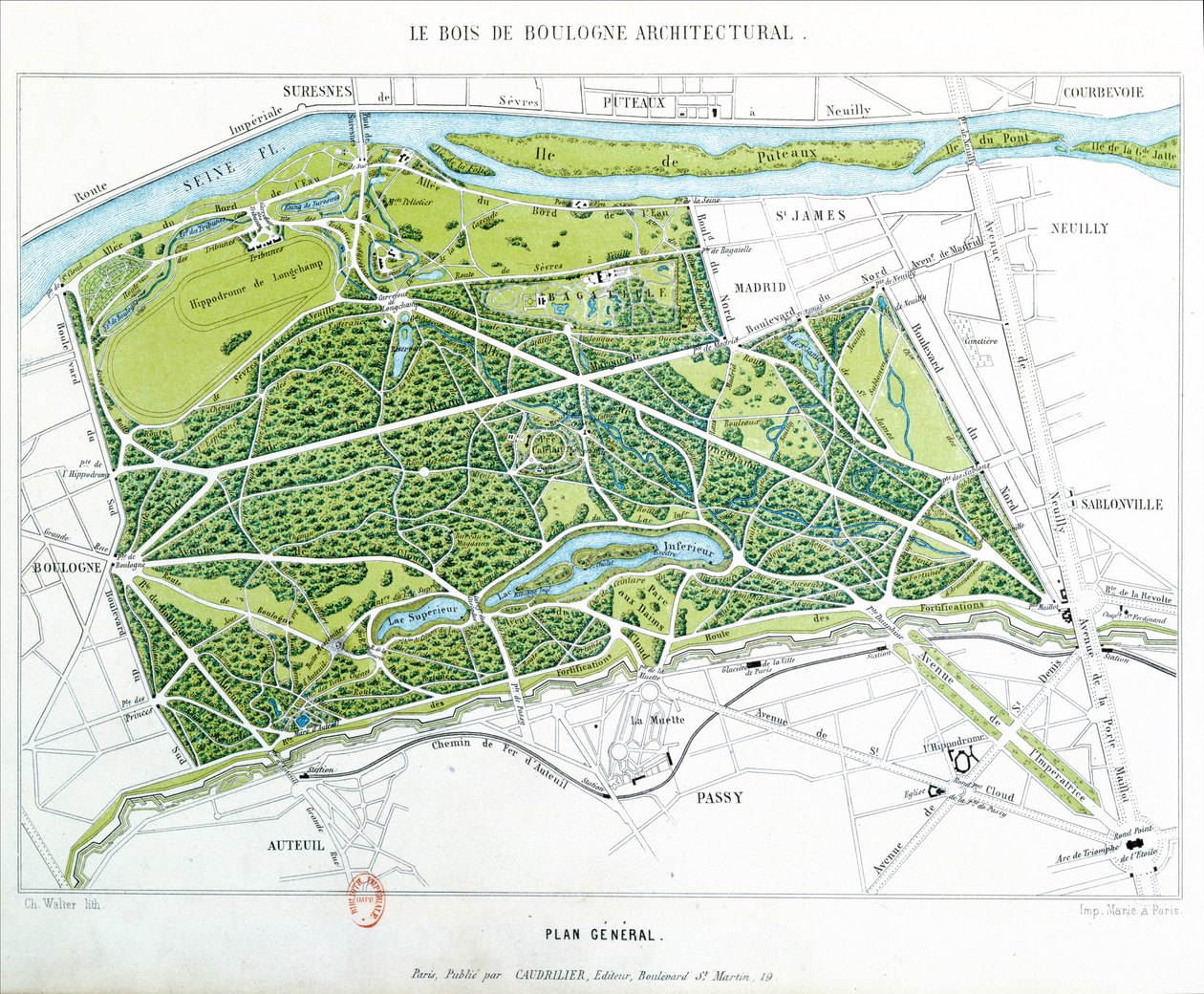 Plan des Bois de Boulogne in Paris, veröffentlicht von Caudrilier, 1860 von Ch. Walter