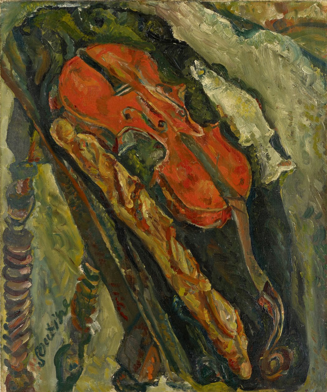 Stillleben mit Geige, Brot und Fisch, ca. 1922 von Chaim Soutine