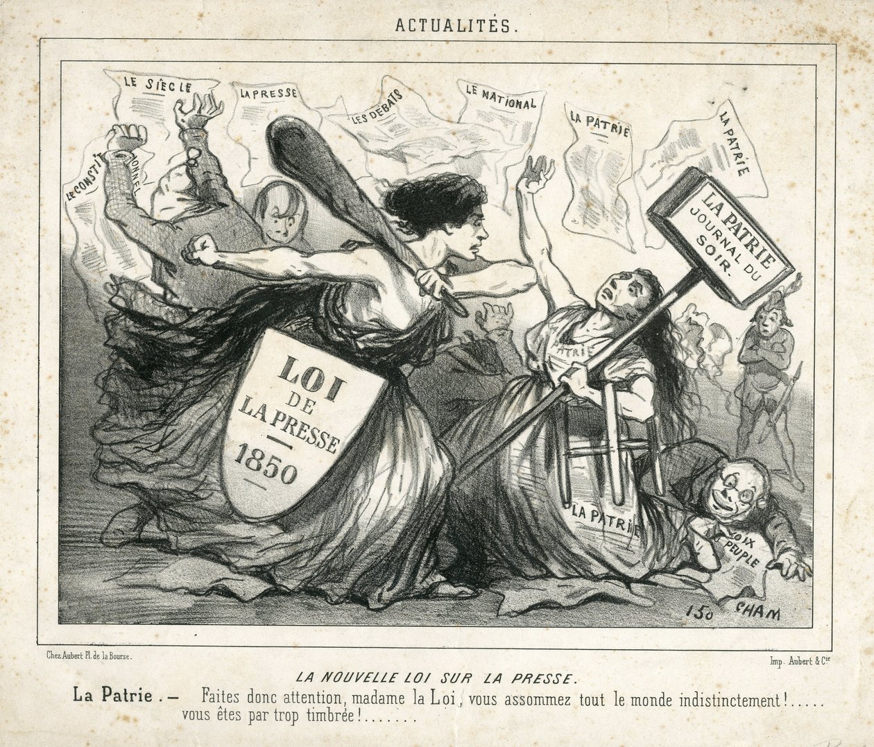 Illustration von Cham (1819-1879) in Le Charivari, circa 1850-4-3 - Das neue Gesetz über die Presse - Zensur, Presse/Medien, Gesetz - Proudhon Pierre-Joseph (1809-1965), Girardin Emile de (1806-1881) - Allegorie von Amédée de Noé