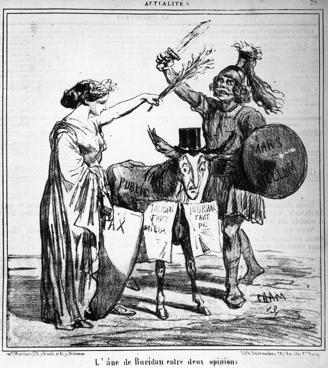 Buridans Esel zwischen zwei Meinungen - von Cham, in „Charivari“ vom 29.04.1859 von Amédée de Noé
