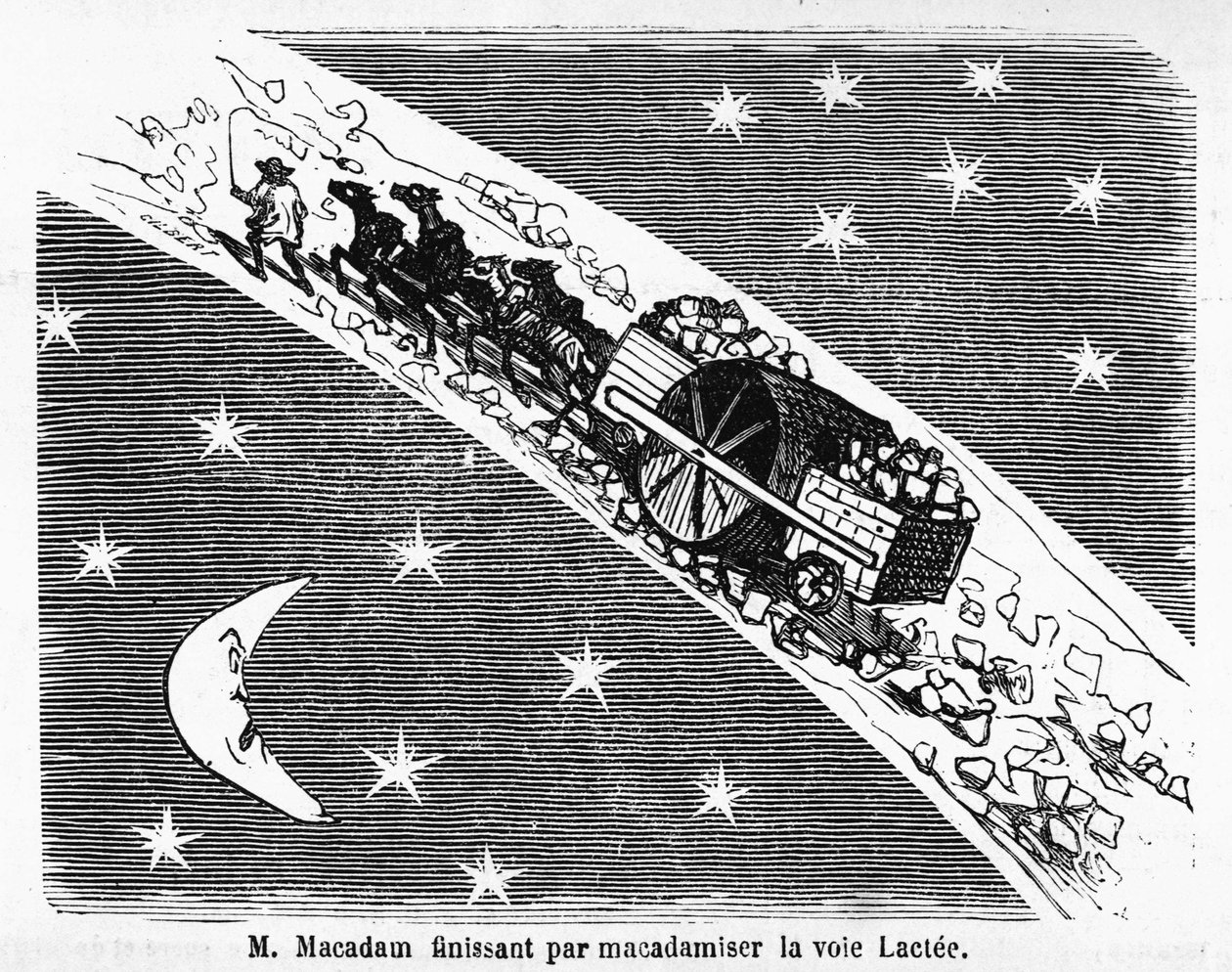 Karikatur über die Pflasterung von Straßen, MacAdam, schottischer Ingenieur (1756-1838): „M. Macadam endet damit, die Milchstraße zu asphaltieren“ - in „Album Charivarique“, Illustration von Cham von Amédée de Noé