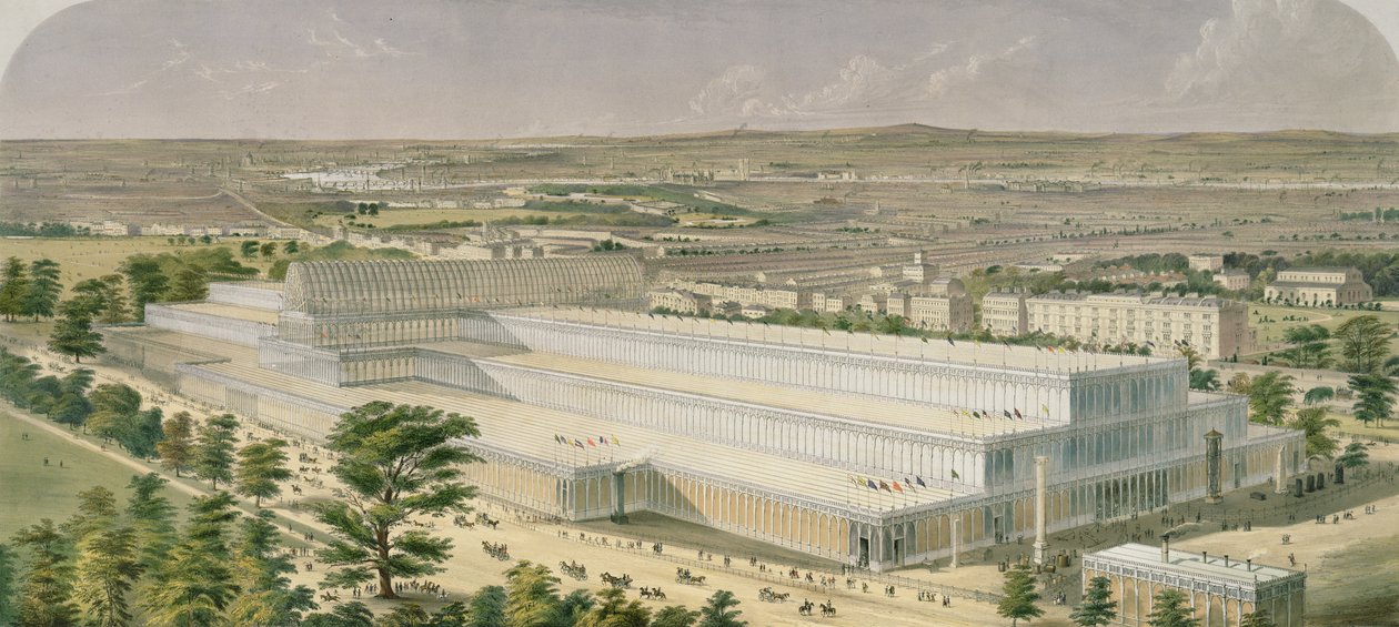 Luftansicht des Palastes der Industrie für alle Nationen, vom Kensington Gardens, veröffentlicht von Ackermann, 1851 von Charles Burton