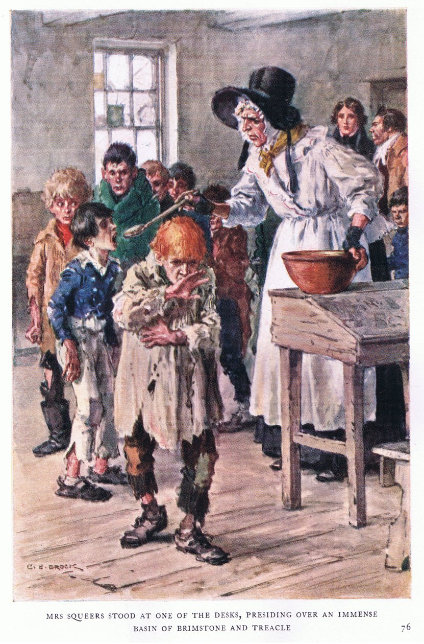 Mrs. Squeers stand am Ende der Schreibtische und leitete eine riesige Schüssel mit Schwefel und Melasse von Charles Edmund Brock