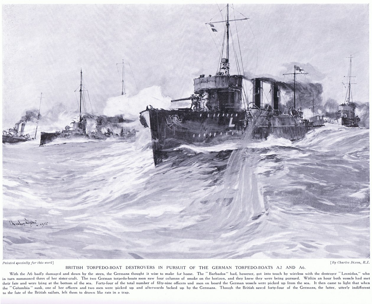 Britische Torpedoboot-Zerstörer verfolgen die deutschen Torpedoboote A2 und A6, November 1914 von Charles Edward Dixon